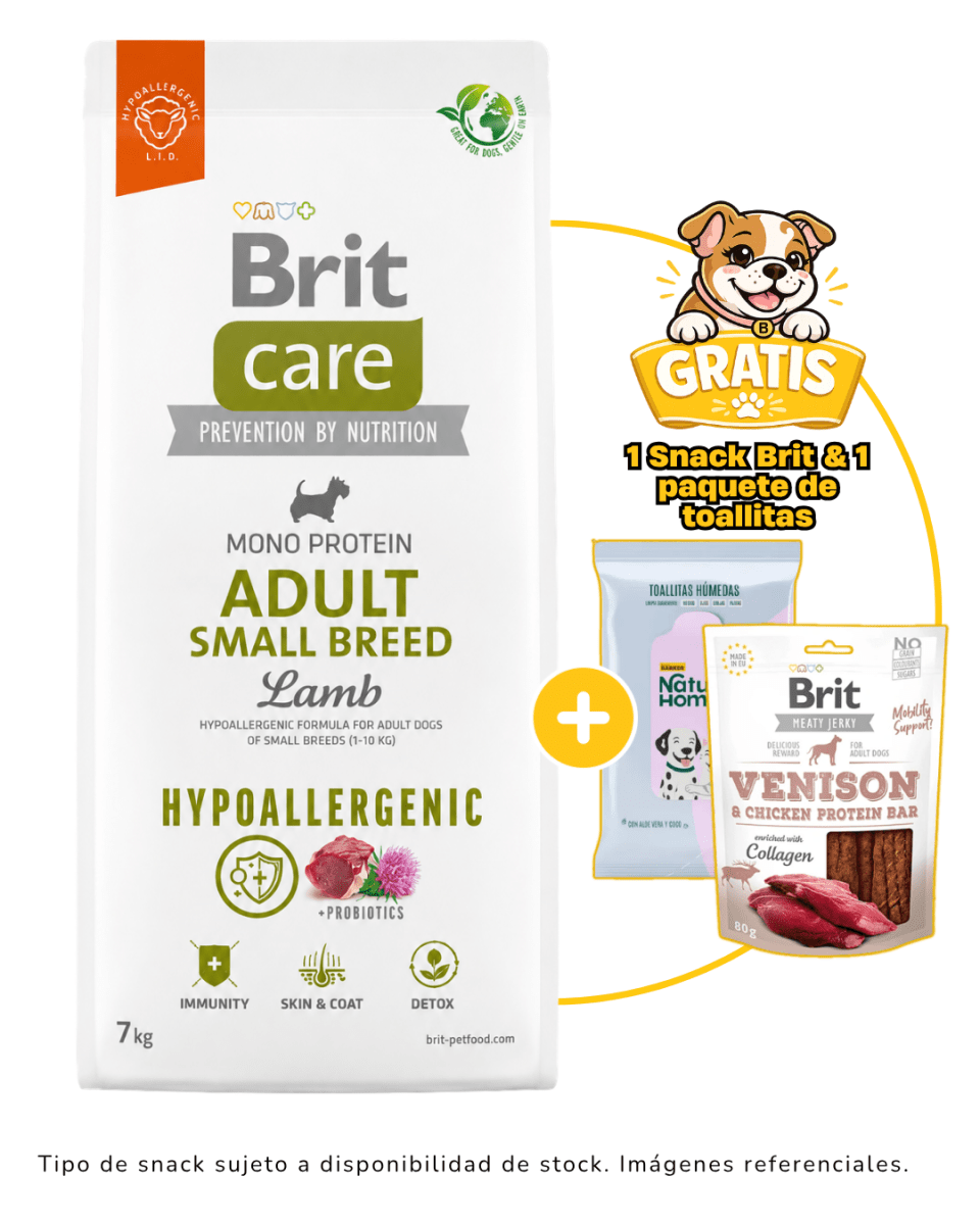 BRIT CARE ADULT SMALL BREED LAMB HYPOALLERGENIC + 1 Snack Brit & 1 paquete de toallitas gratis1