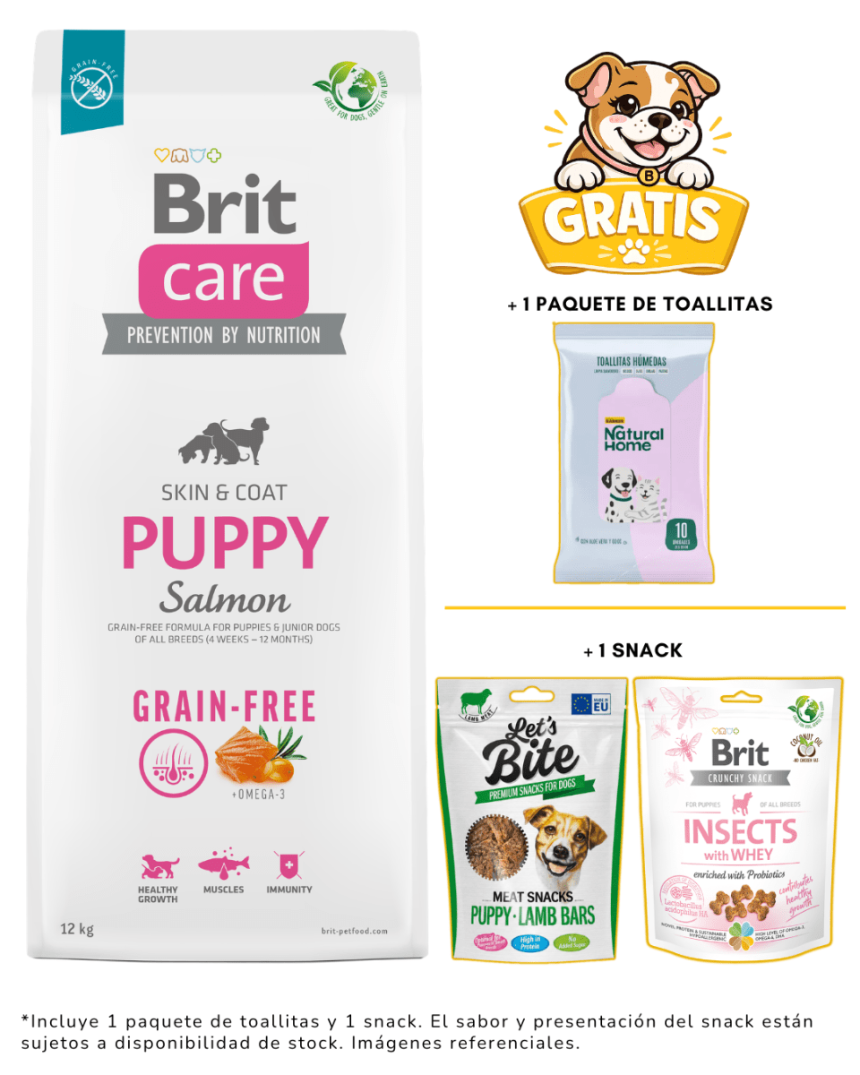 BRIT CARE GRAIN FREE PUPPY SALMÓN 12kg + 1 snack & toallitas gratis1