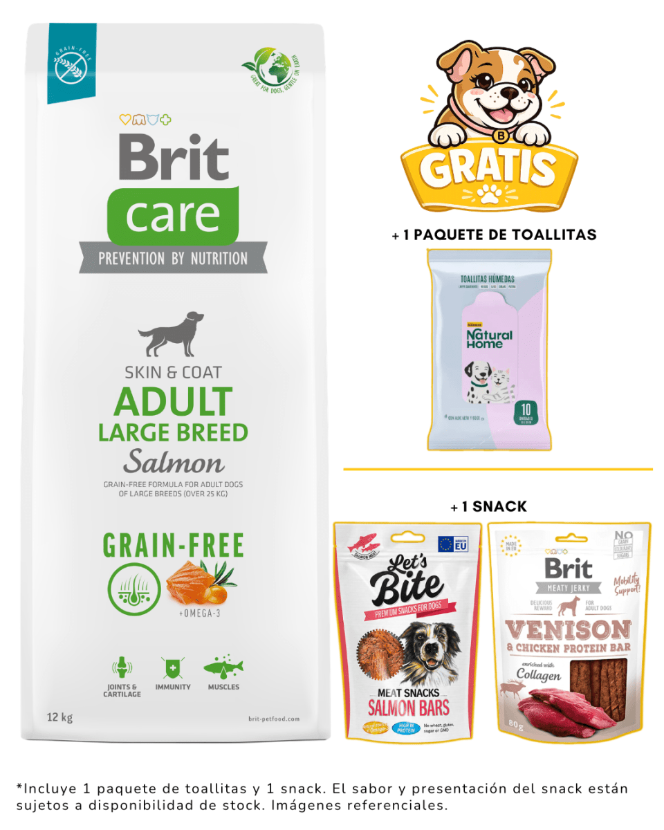 BRIT CARE GRAIN FREE ADULT LARGE BREED SALMÓN 12kg + 1 snack & toallitas gratis1