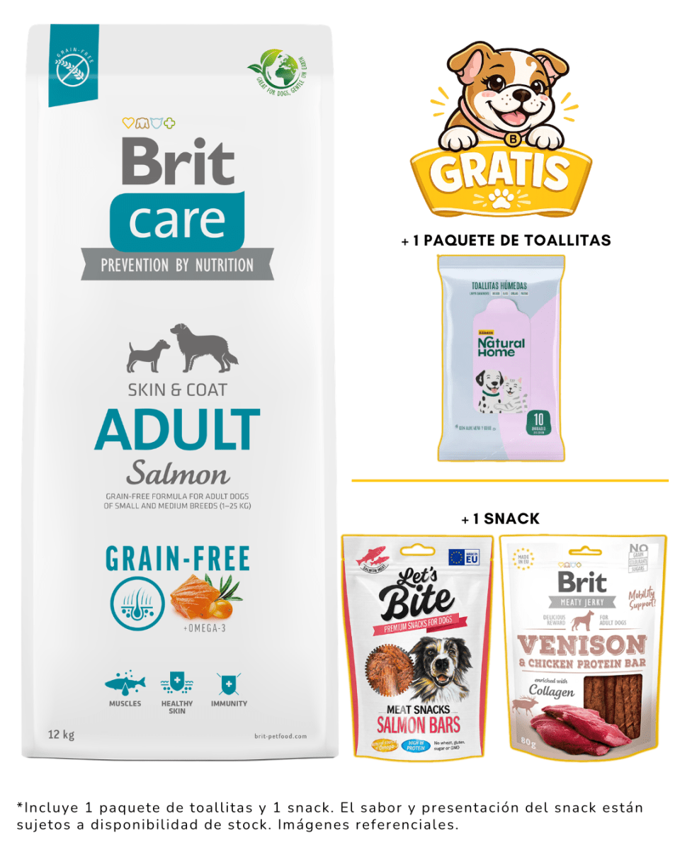 BRIT CARE GRAIN FREE ADULT SALMÓN 12kg + 1 snack y toallitas gratis1