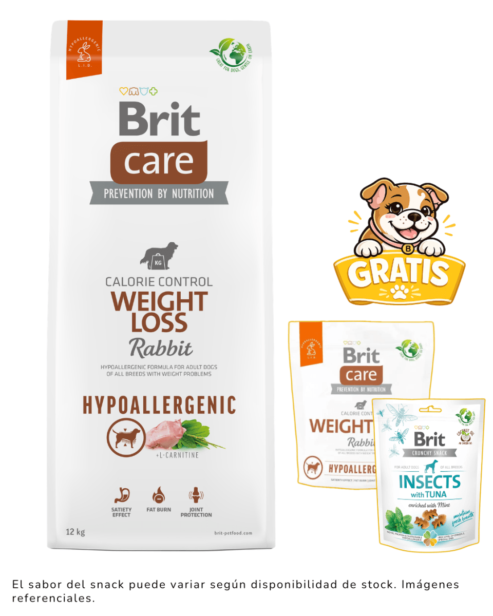 BRIT CARE DOG HYPOALLERGENIC WEIGHT LOSS RABBIT & RICE 12kg + 1kg & snack gratis1