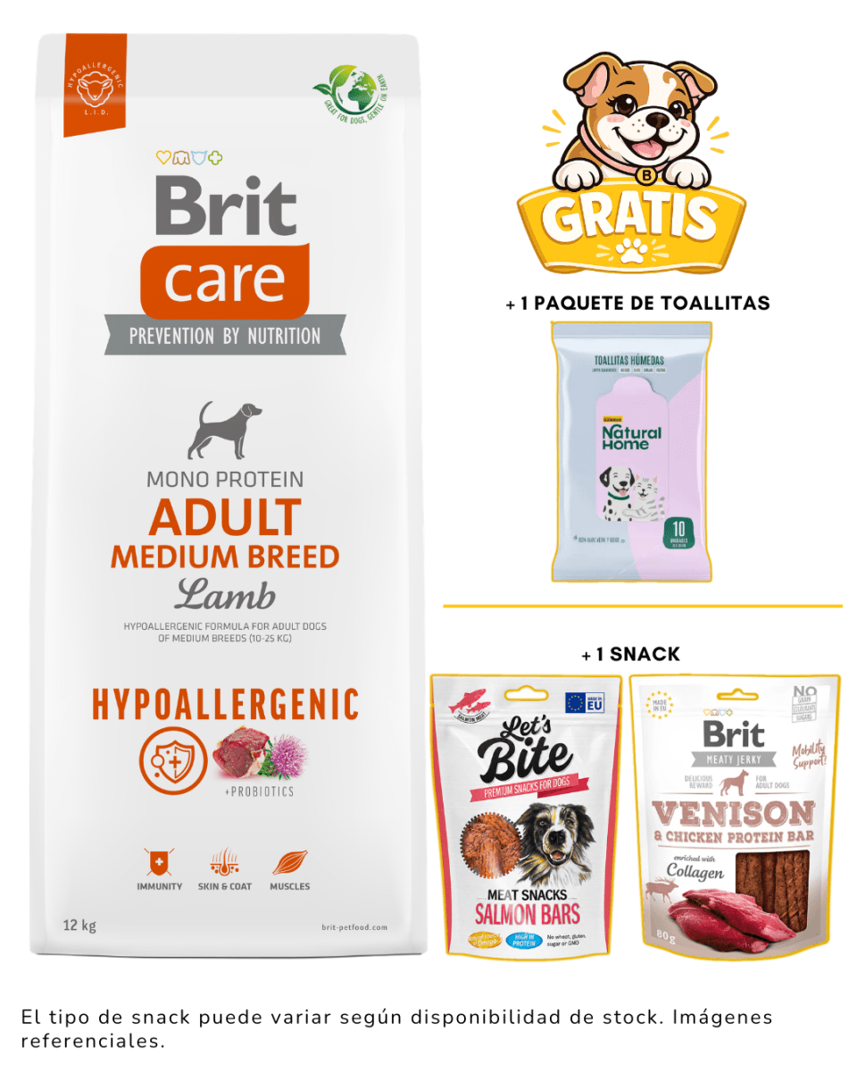 BRIT CARE ADULT MEDIUM BREED LAMB HYPOALLERGENIC 12KG + 1 Snack & toallitas gratis1
