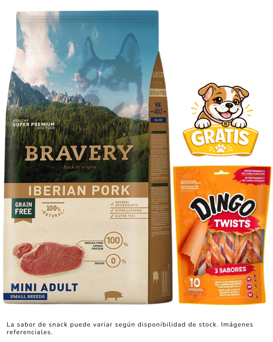 BRAVERY IBERIAN PORK MINI ADULT SMALL BREEDS + 1 Snack Dingo gratis1