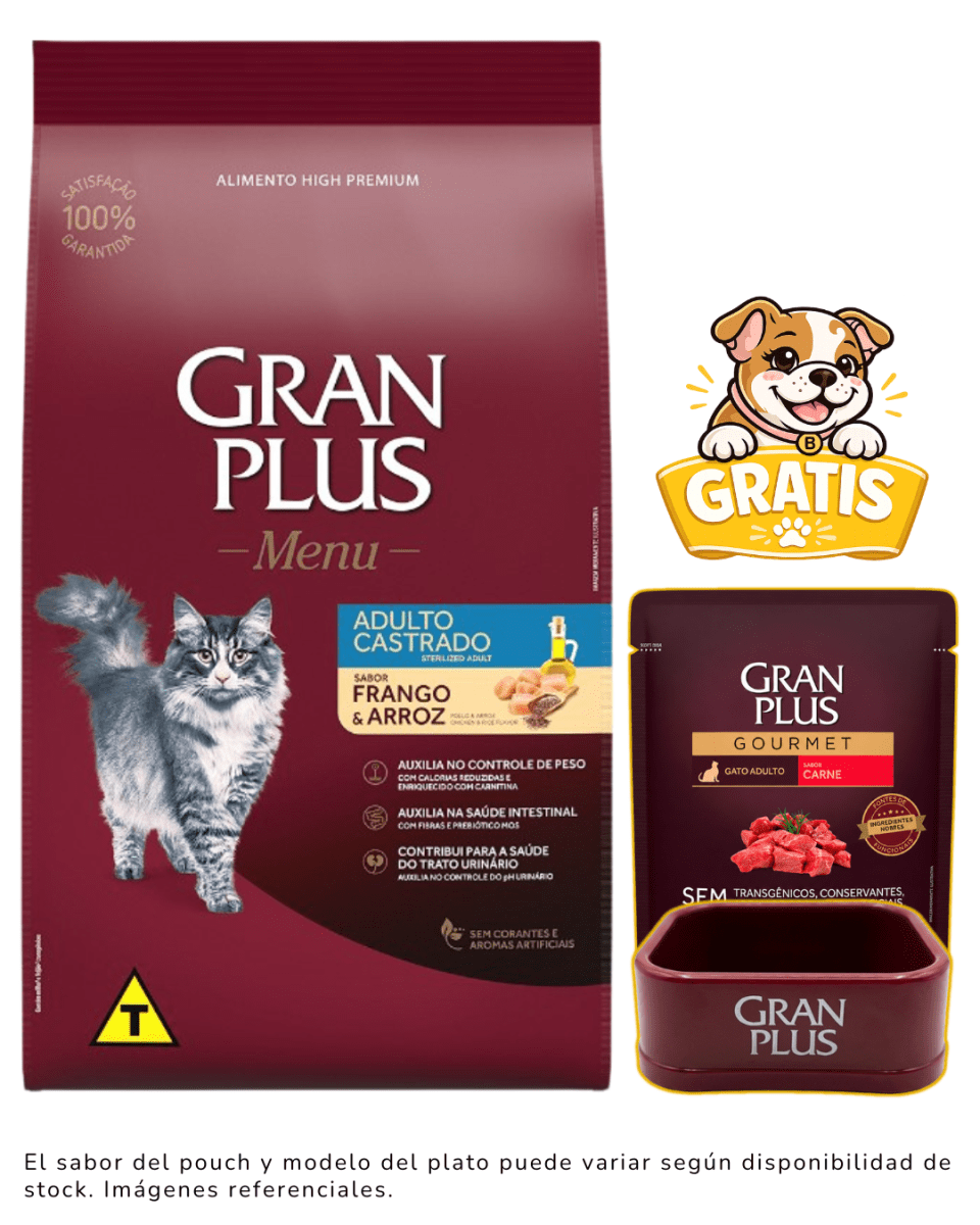 Gran Plus Gato adulto castrado pollo & arroz 3kg + 1 plato y paté gratis1
