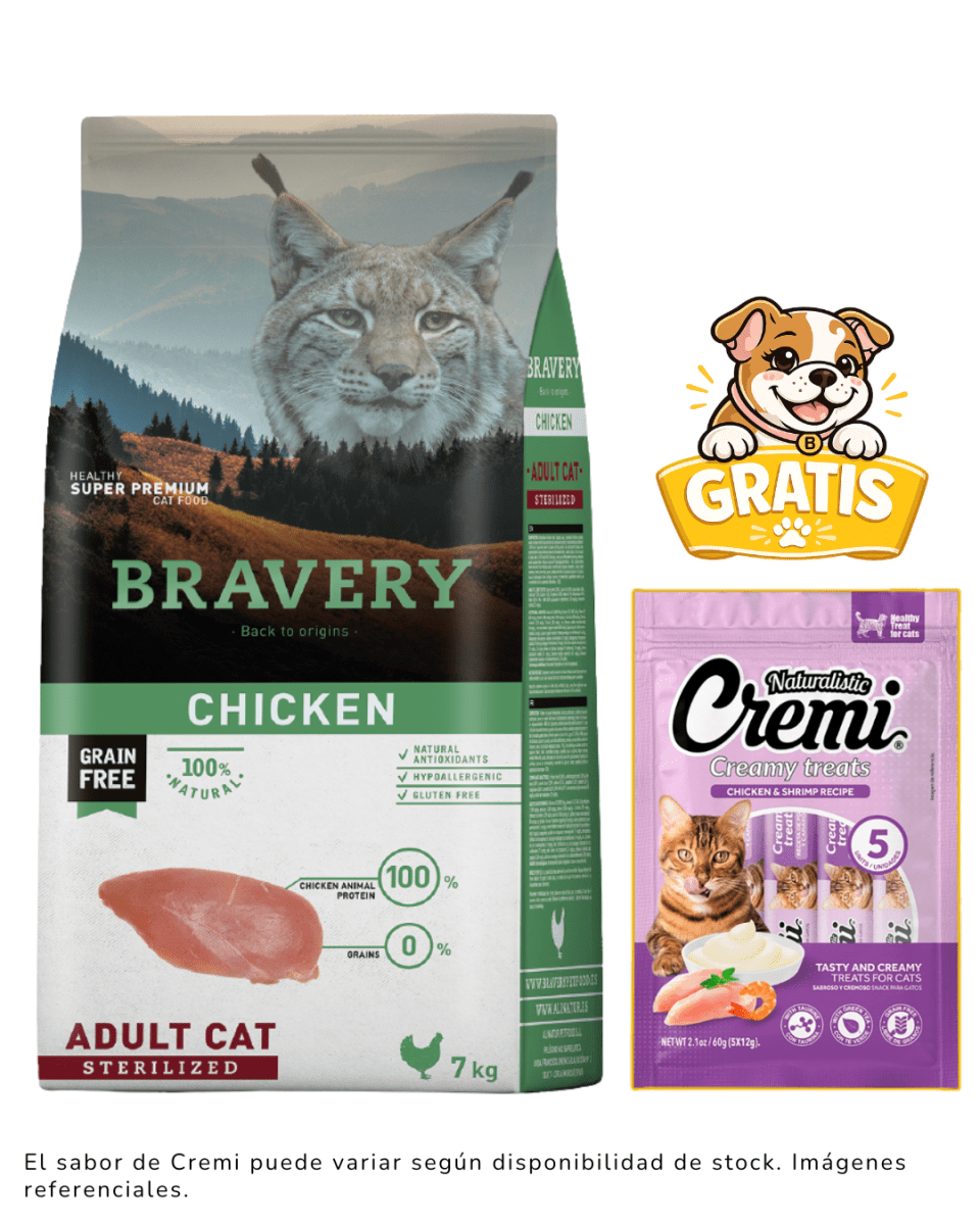 BRAVERY CHICKEN ADULT CAT STERILIZED 7kg + 1 cremi naturalistic gratis1
