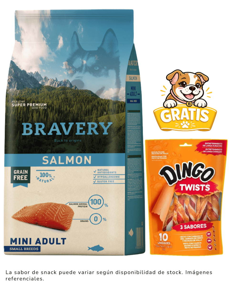 BRAVERY SALMON MINI ADULT SMALL BREEDS 7kg + 1 Snack Dingo gratis1