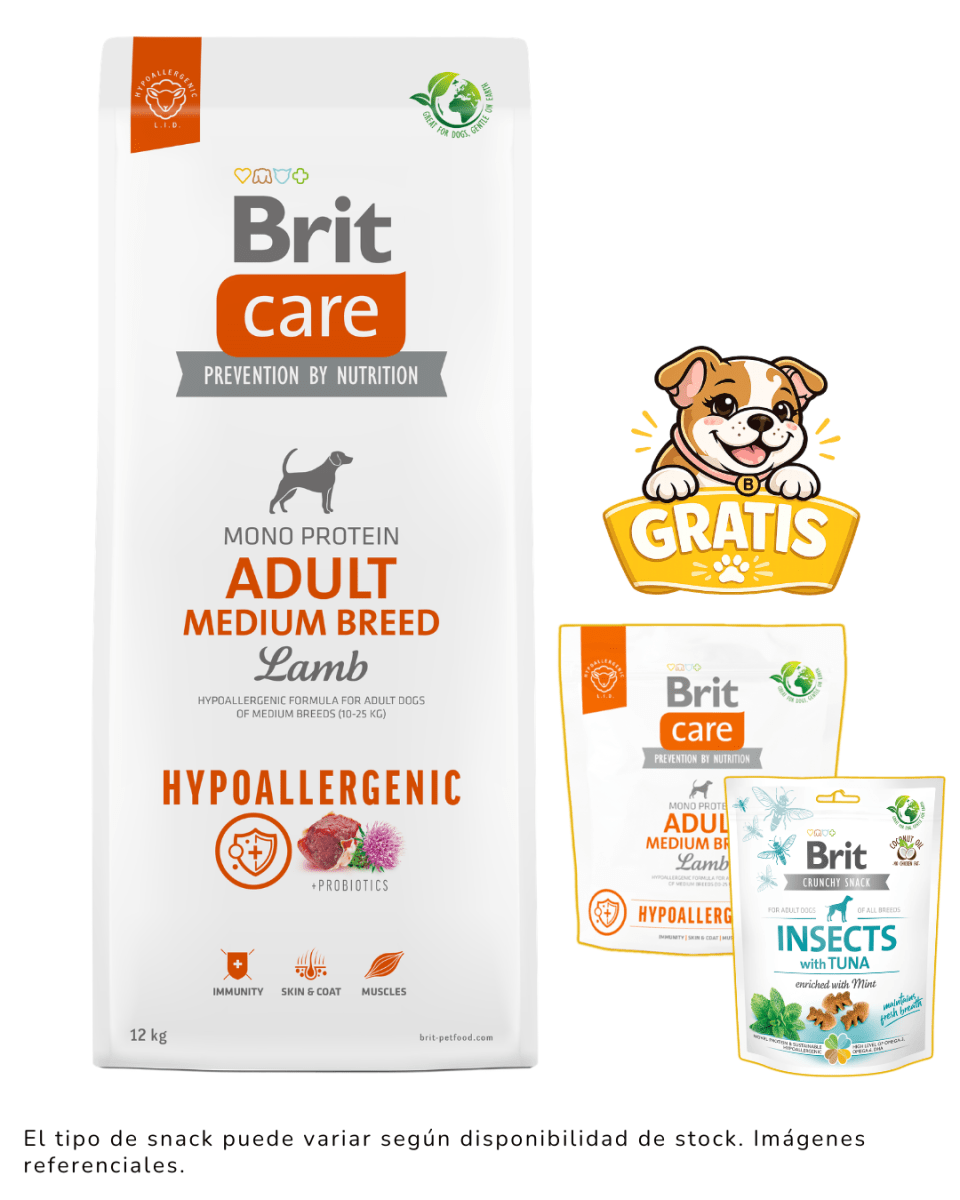 BRIT CARE ADULT MEDIUM BREED LAMB HYPOALLERGENIC 12KG + 1 KG & SNACK GRATIS1