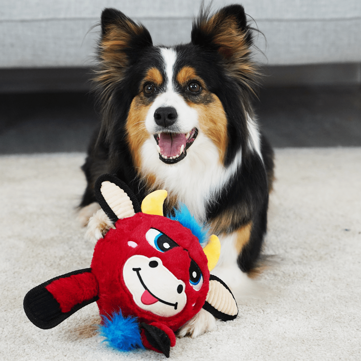 GIGWI JUMBALL PLUSH TORO ROJO - PELOTA CON COBERTURA DE PELUCHE CON TEXTURAS2