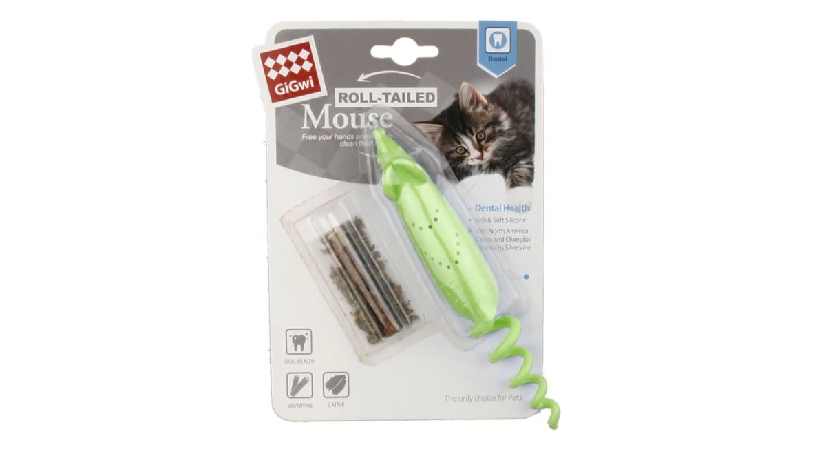 GIGWI RATON VERDE CON BOLSA PARA CATNIP (ROLL TAILED)1