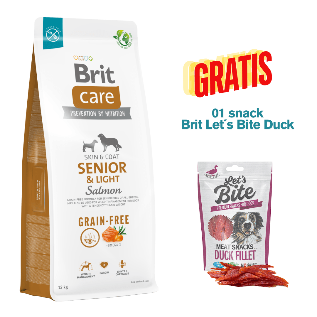BRIT CARE GRAIN FREE SENIOR & LIGHT SALMÓN 12KG - Promo Snack Brit Let´s Bite Duck1