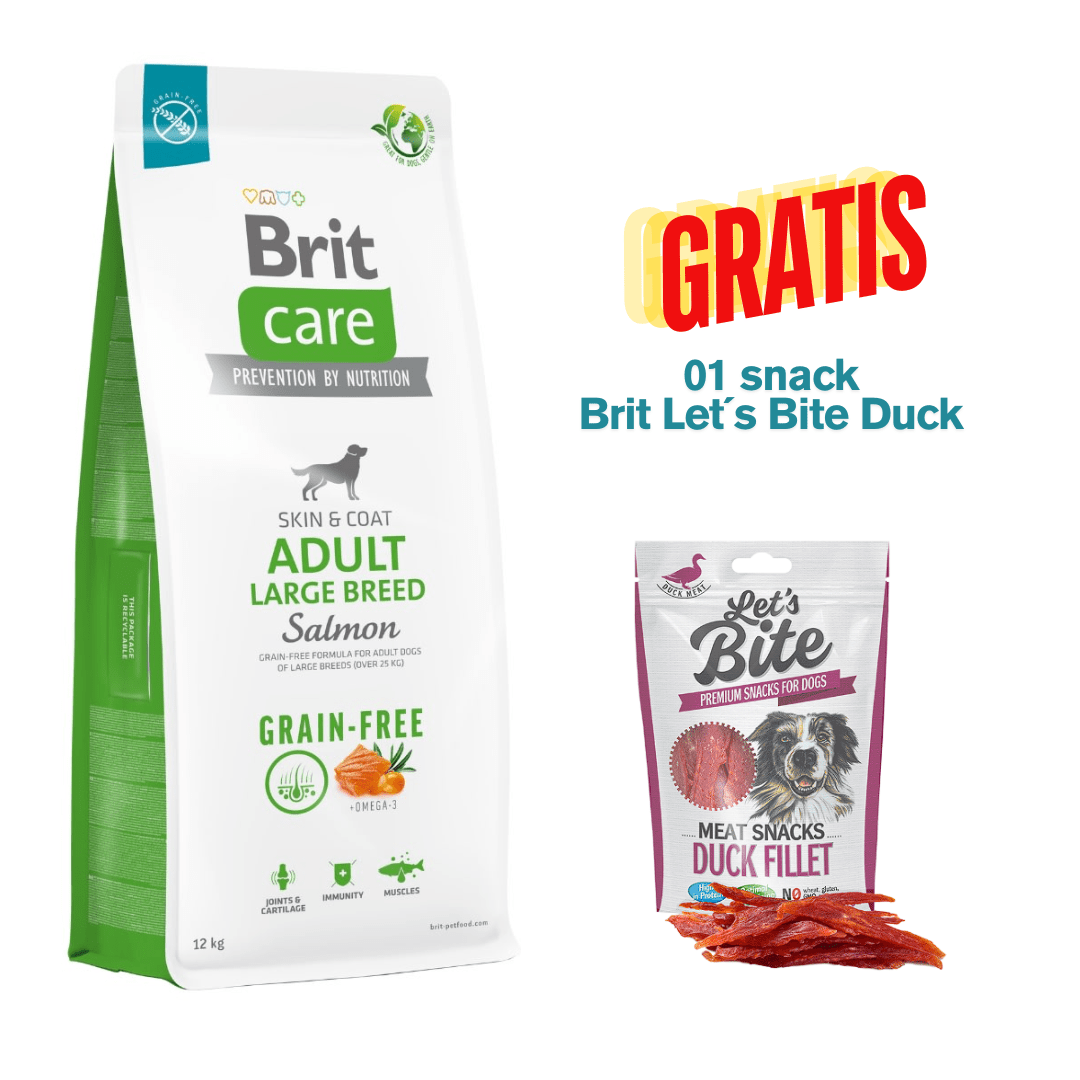 BRIT CARE GRAIN FREE ADULT LARGE BREED SALMÓN 12kg - Promo Snack Brit Let´s Bite Duck1