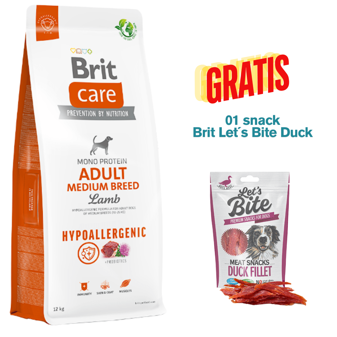 BRIT CARE ADULT MEDIUM BREEED LAMB HYPOALLERGENIC 12KG - Promo Snack Brit Let´s Bite Duck1