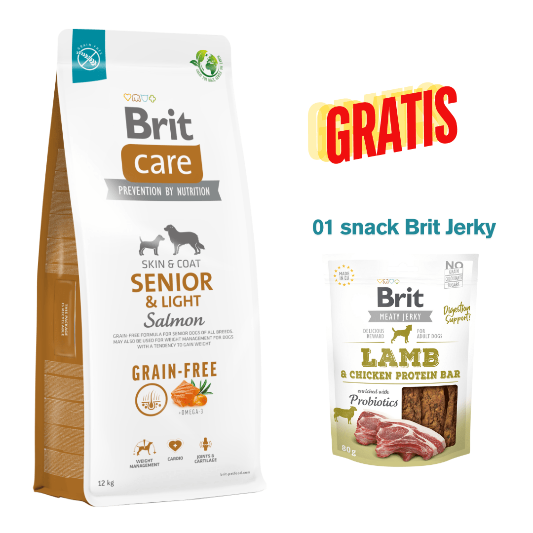 BRIT CARE GRAIN FREE SENIOR & LIGHT SALMÓN 12KG - PROMO BRIT JERKY LAMB1