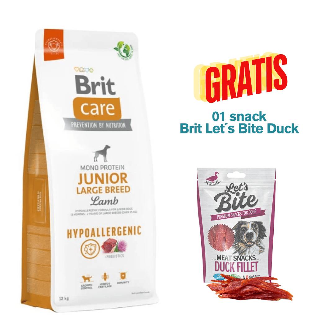 BRIT CARE HYPOALLERGENIC JUNIOR LARGE BREED LAMB 12kg - Promo Snack Brit Let´s Bite Duck1