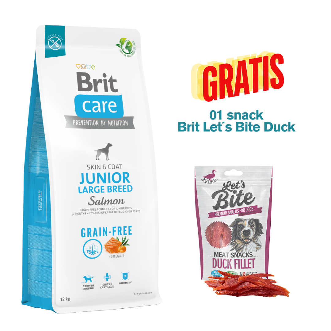 BRIT CARE GRAIN FREE JUNIOR LARGE BREED SALMÓN 12kg - Promo Snack Brit Let´s Bite Duck1