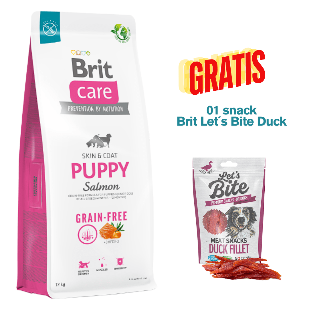 BRIT CARE GRAIN FREE PUPPY SALMÓN 12kg - Promo Snack Brit Let´s Bite Duck1