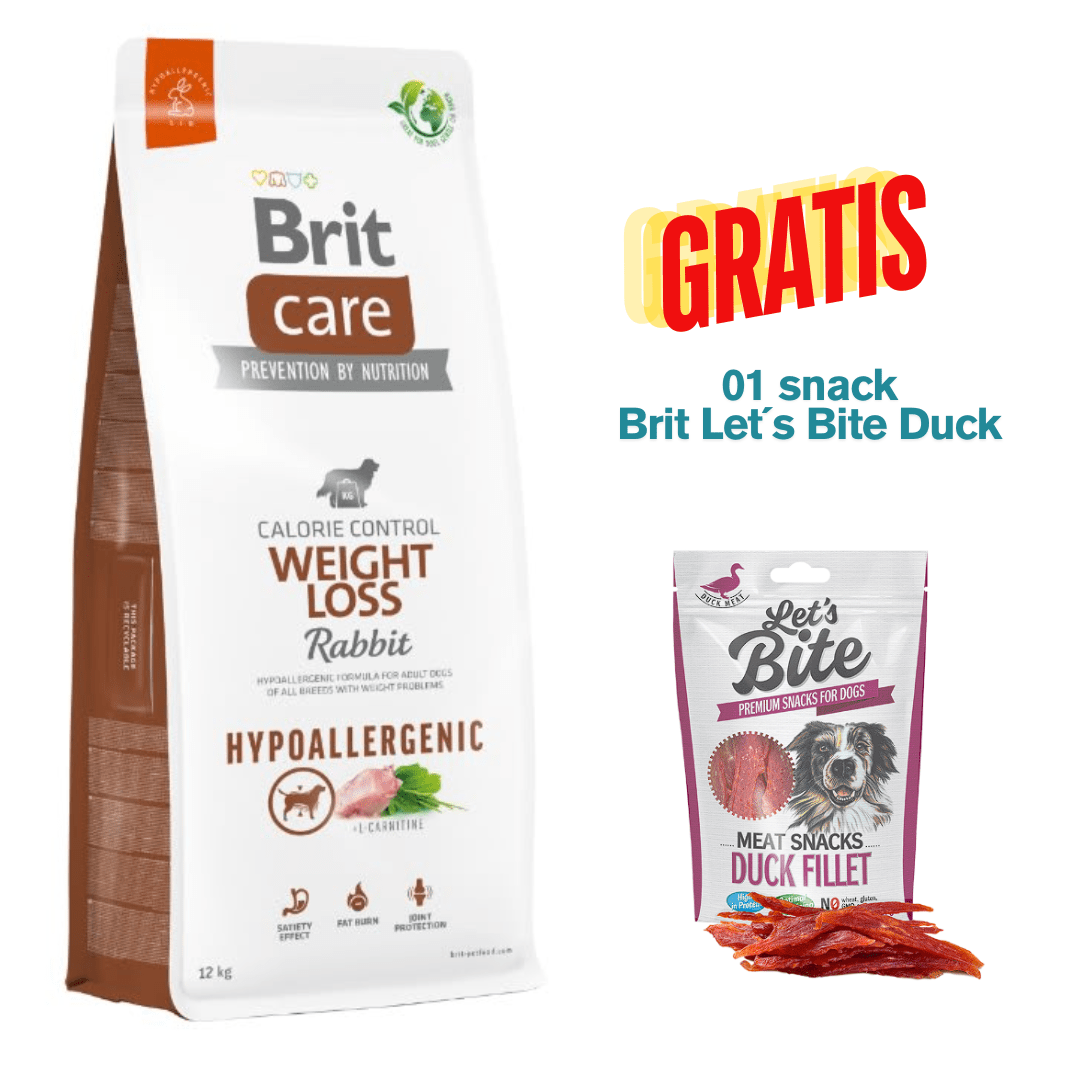 BRIT CARE DOG HYPOALLERGENIC WEIGHT LOSS RABBIT & RICE 12kg - Promo Snack Brit Let´s Bite Duck1