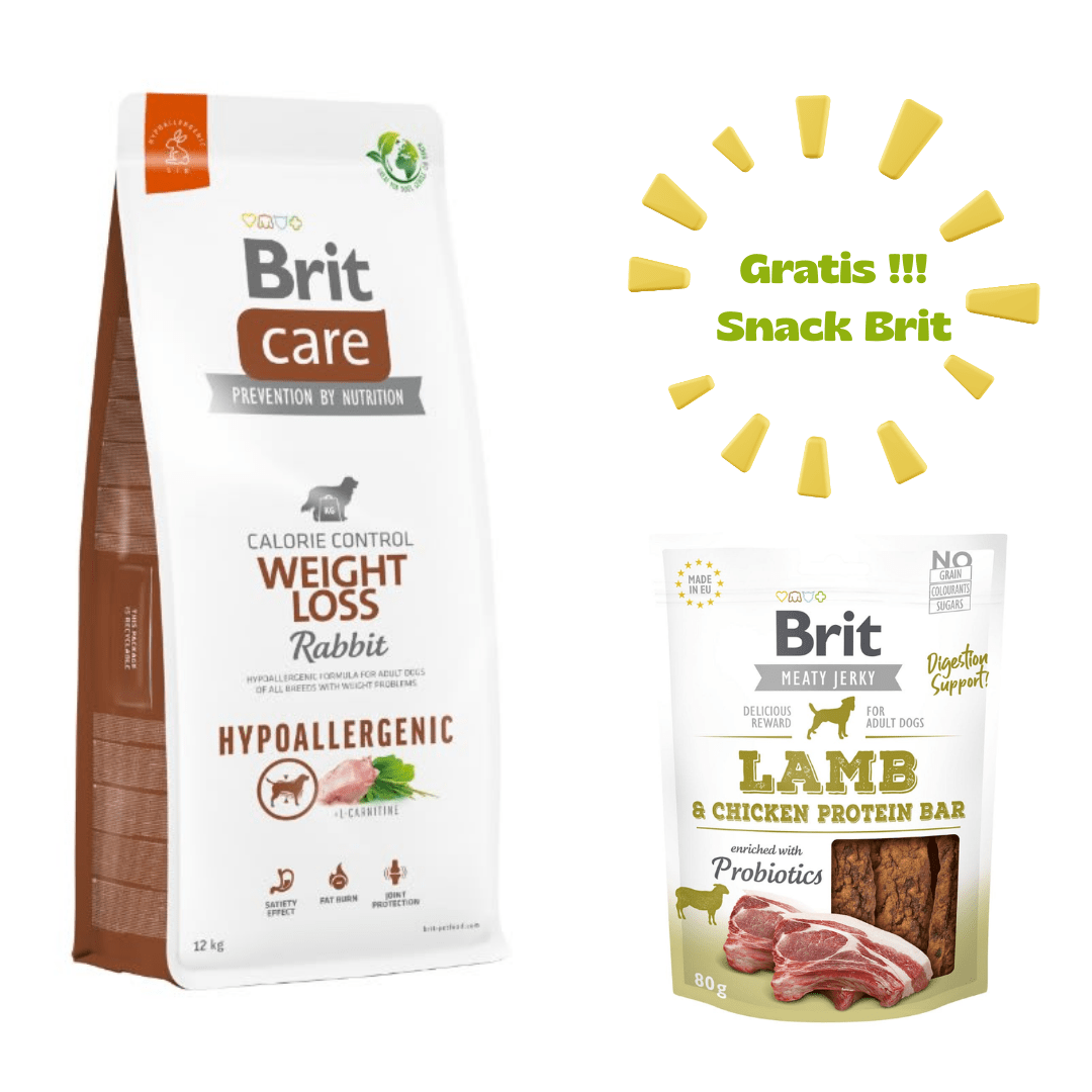 BRIT CARE DOG HYPOALLERGENIC WEIGHT LOSS RABBIT & RICE 12kg - Promo Snack Brit Jerky Lamb & Chicken1
