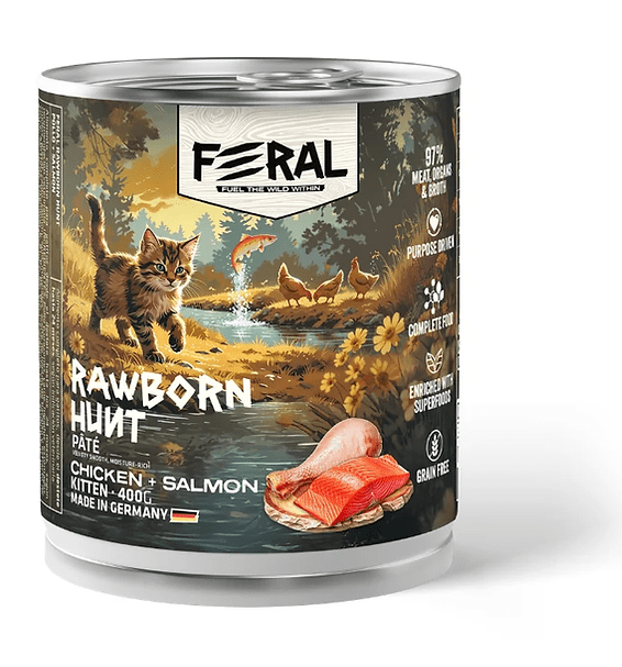 Feral Gatito RawBorn Hunt pate pollo con salmón lata 400gr1