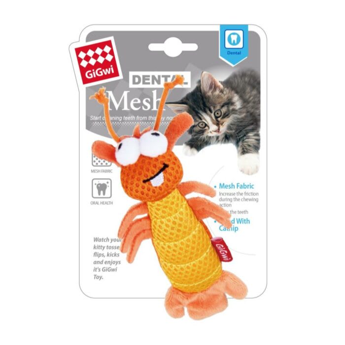 GIGWI DENTAL MESH ORANGE SHRIMP CATNIP1