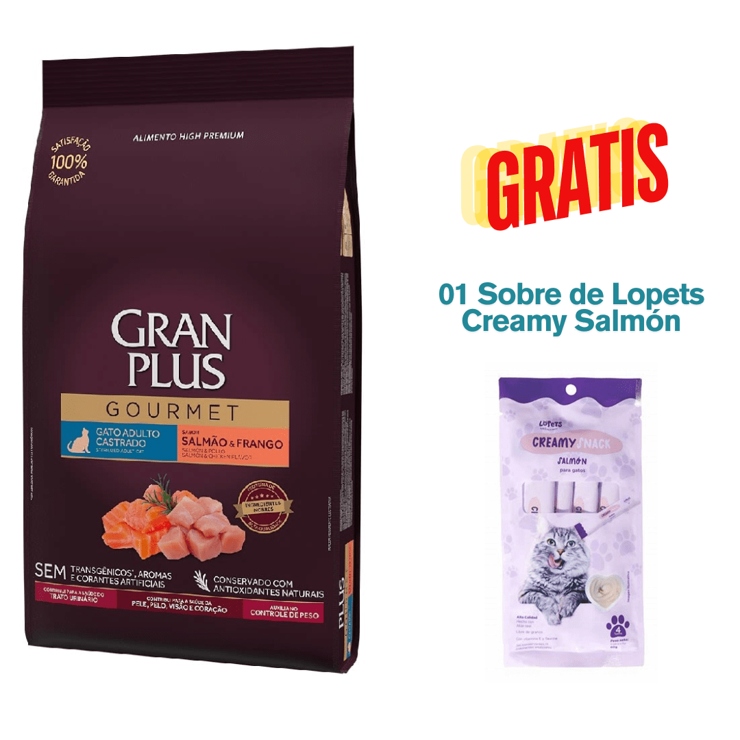 Gran Plus Gato Gourmet Adulto Castrado Salmón y Pollo 10kg - Promo 01 Lopets Salmón1