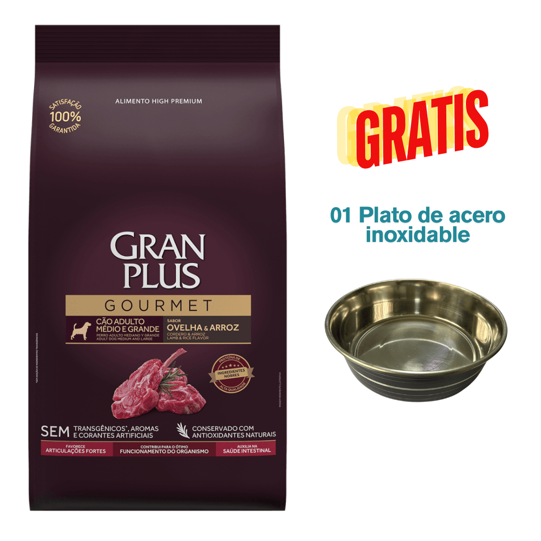 Gran Plus Gourmet Perro Adulto Mediano & Grande Cordero 15kg - 01 Plato Acero Gratis1
