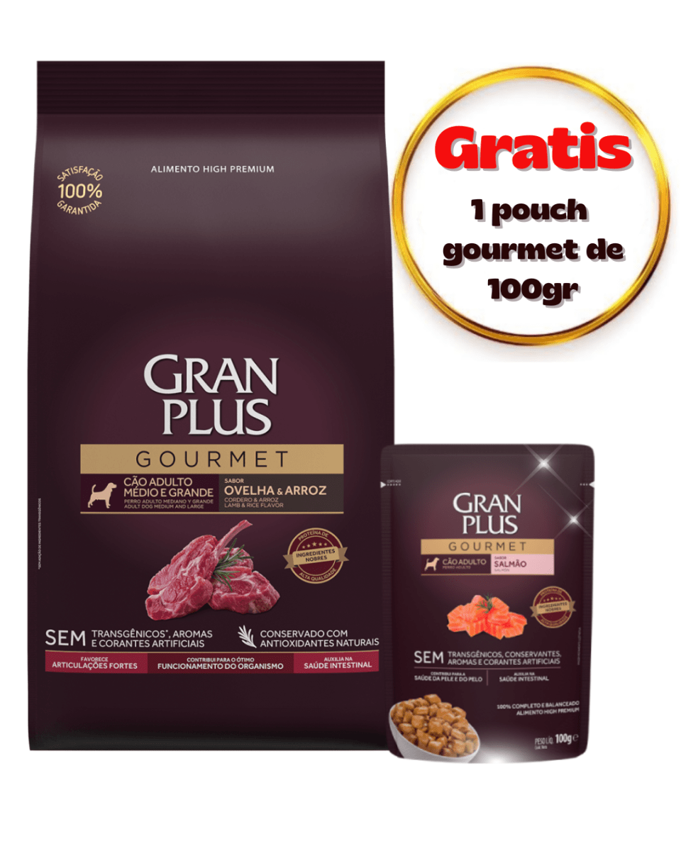 Gran Plus Gourmet Perro Adulto Mediano & Grande Cordero 3kg - Promo Pouch1