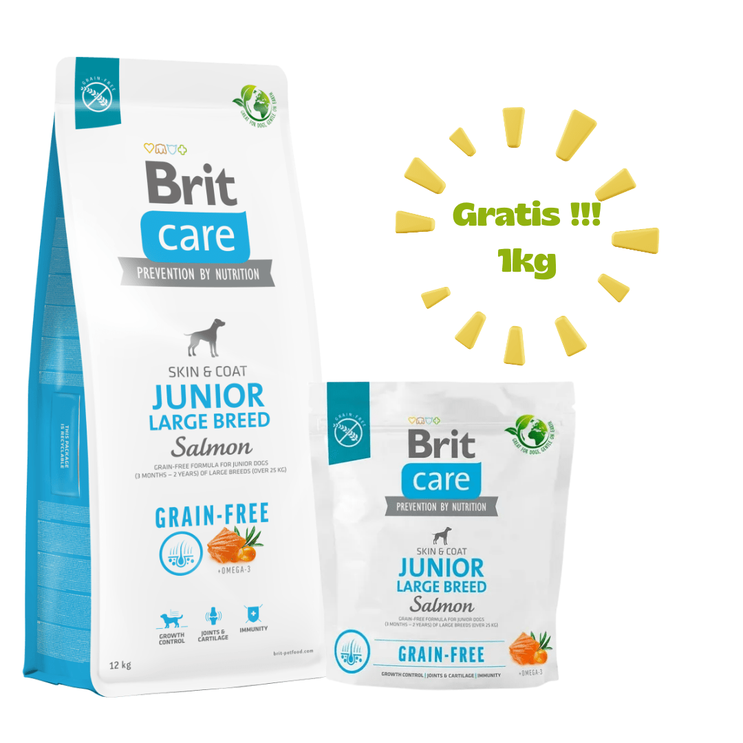 BRIT CARE GRAIN FREE JUNIOR LARGE BREED SALMÓN 12kg - Promo + 01 Bolsa de 1kg1