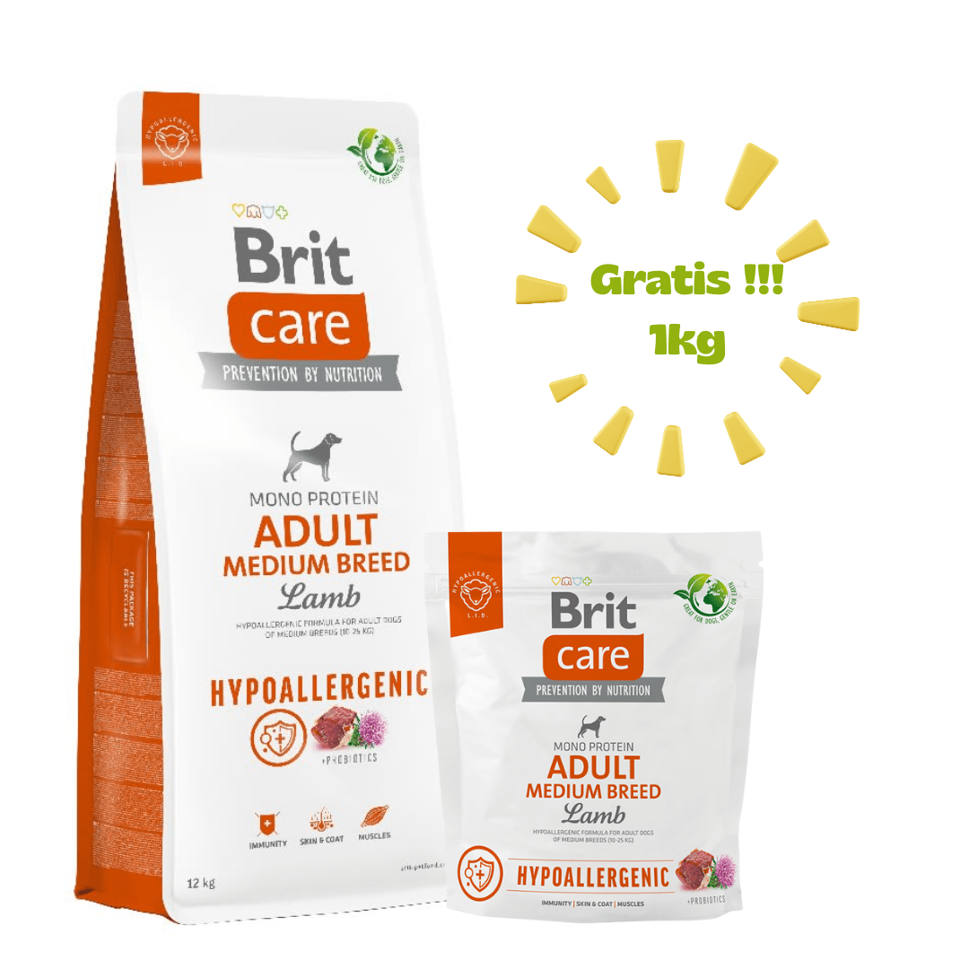 BRIT CARE ADULT MEDIUM BREED LAMB HYPOALLERGENIC 12KG - Promo + 01 Bolsa de 1kg1