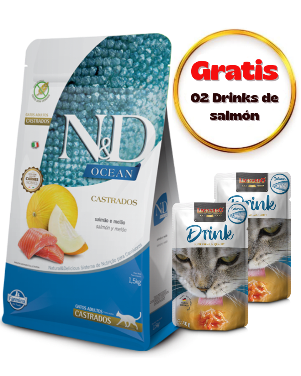 N&D OCEAN FELINE SALMÓN ADULTO CASTRADO 7.5kg + Pouch de regalo1