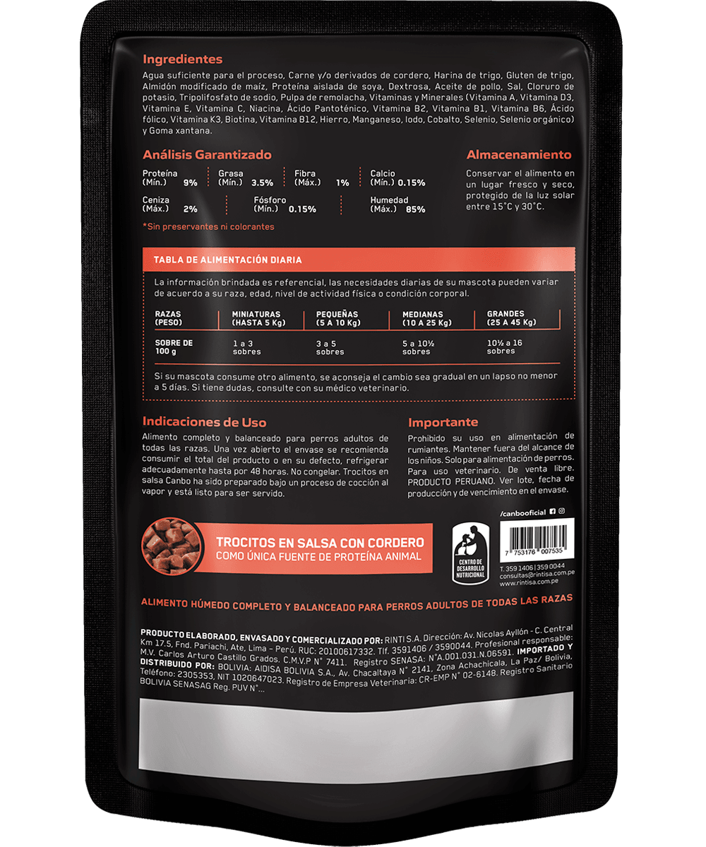 Canbo Pouch Dog Adulto Trocitos en salsa de Cordero 100gr2