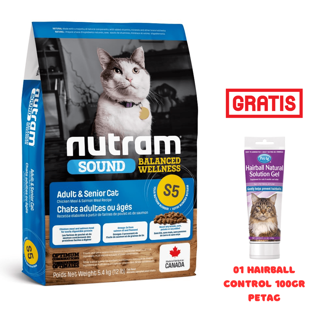 S5 NUTRAM SOUND ADULT & SENIOR CAT 5.4kg + Hairball Control PetAg1