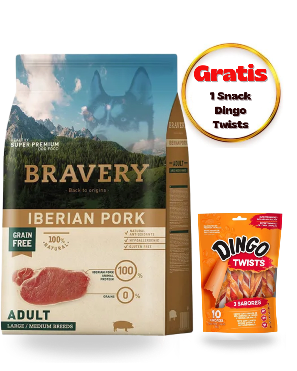 BRAVERY IBERIAN PORK ADULT LARGE/MEDIUM BREEDS 12kg - Dúo snacks1
