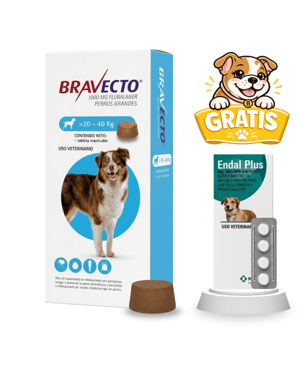 Bravecto 20 a 40kg + 4 Pastillas Endal Plus1