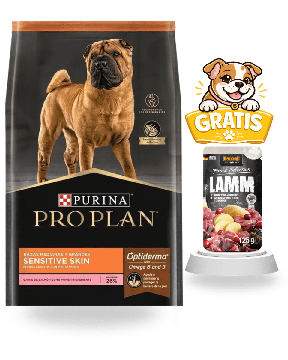 Pro Plan Sensitive Skin Salmón Razas Medianas y Grandes 12kg + Paté1