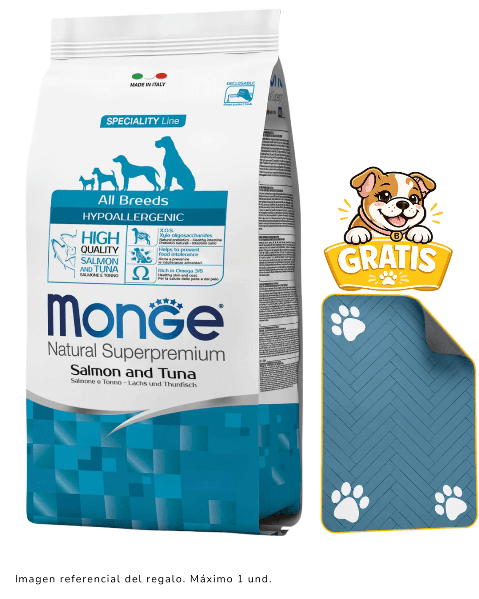 Monge Canine hypoallergenic salmón y atún 12kg + tapete1