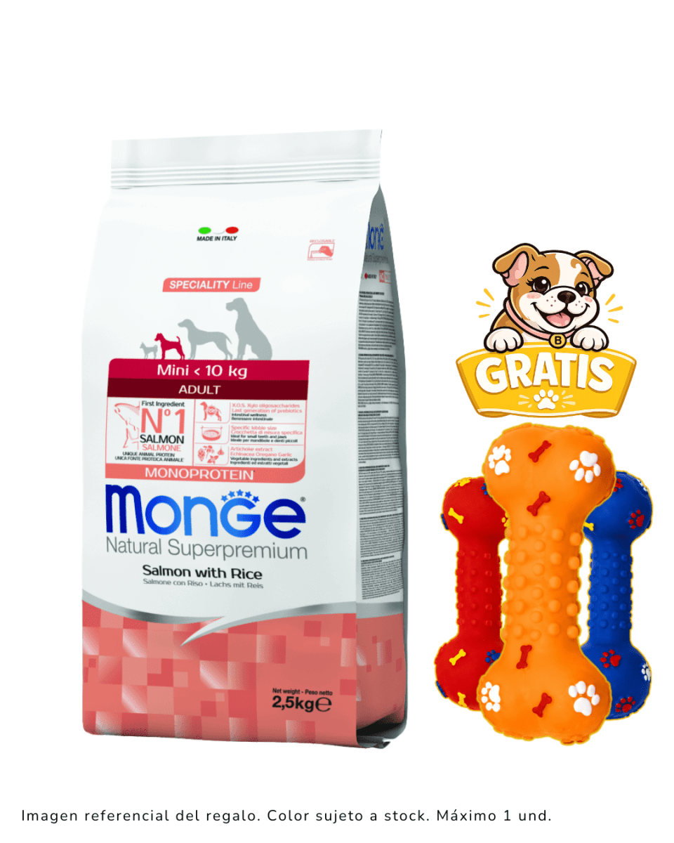 Monge Canine adult mini salmon & arroz 2.5 kg + 1 hueso de juguete1