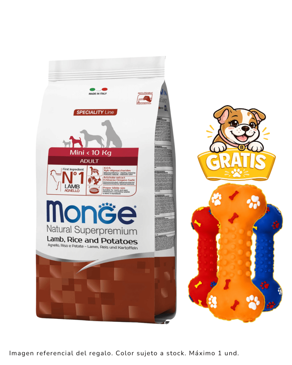 Monge Canine adult mini cordero, arroz y papa 2.5kg + 1 hueso de juguete1