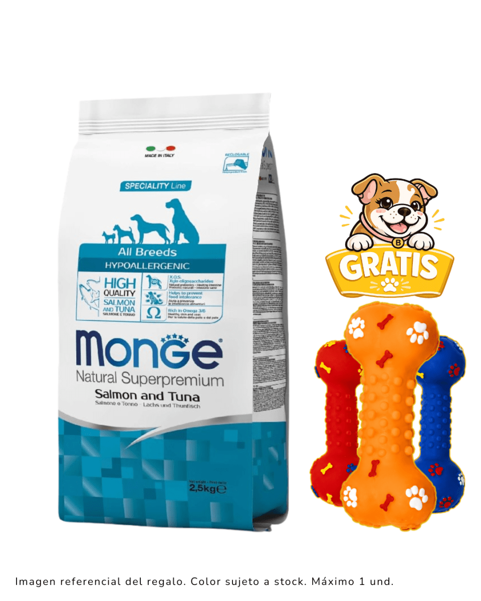 Monge Canine Hypoallergenic Salmón y Atún 2.5kg + 1 hueso de juguete1