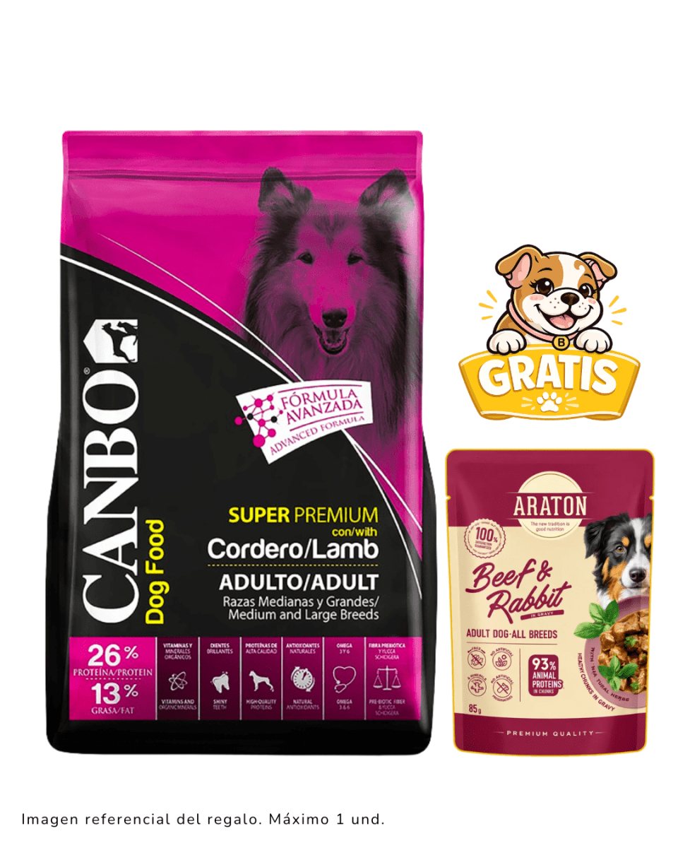 Canbo Adulto Super Premium Cordero Razas Medianas y Grandes 3kg + Pouch Araton1