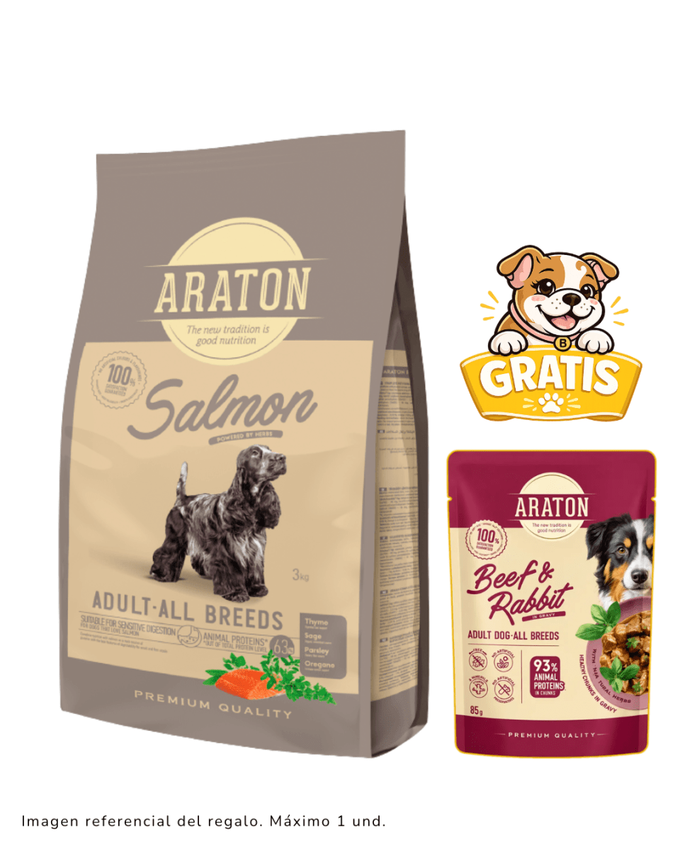 Araton Dog Adulto All Breed Salmón 3kg + Pouch beef & rabbit1