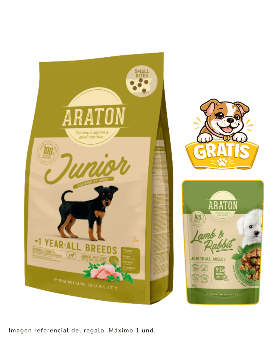 Araton Dog Junior Small Bite Pollo, Pato y Pavo 3kg + Pouch1
