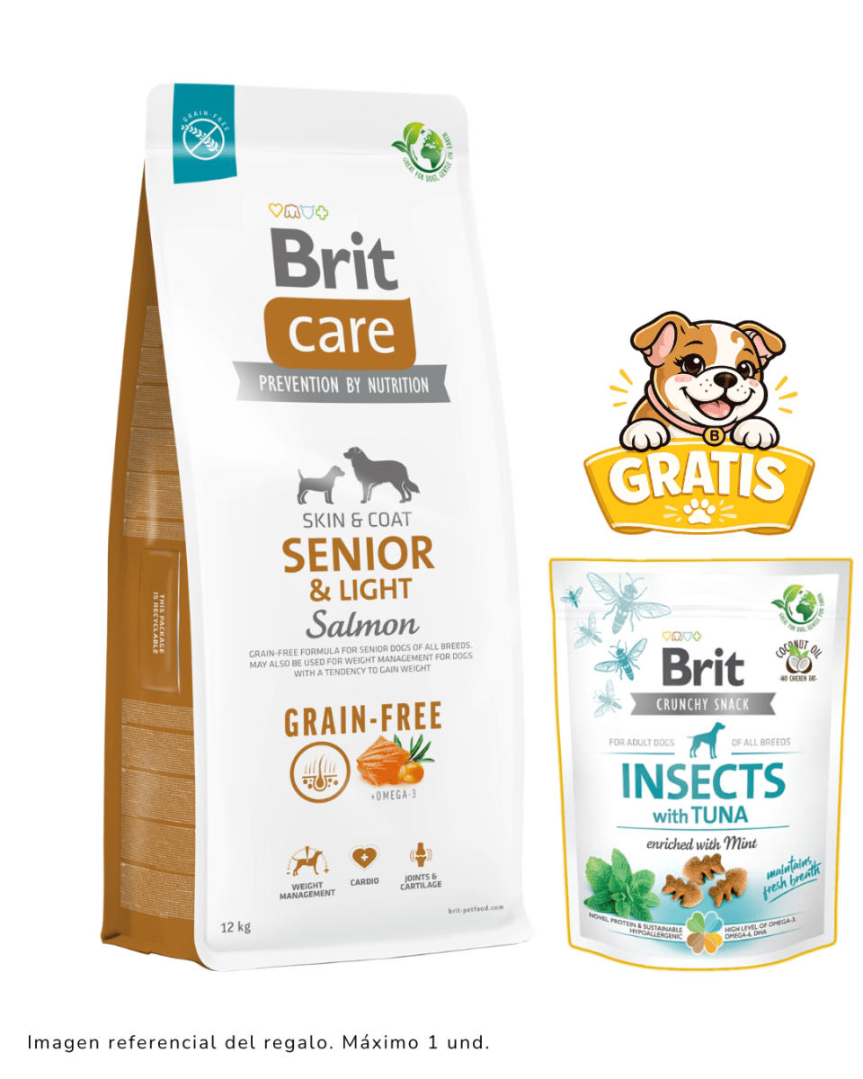 BRIT CARE GRAIN FREE SENIOR & LIGHT SALMÓN 12KG + Snack de atún1