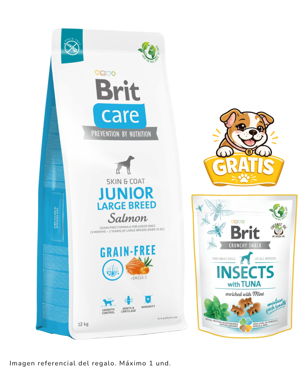 BRIT CARE GRAIN FREE JUNIOR LARGE BREED SALMÓN 12kg + snack de atún1