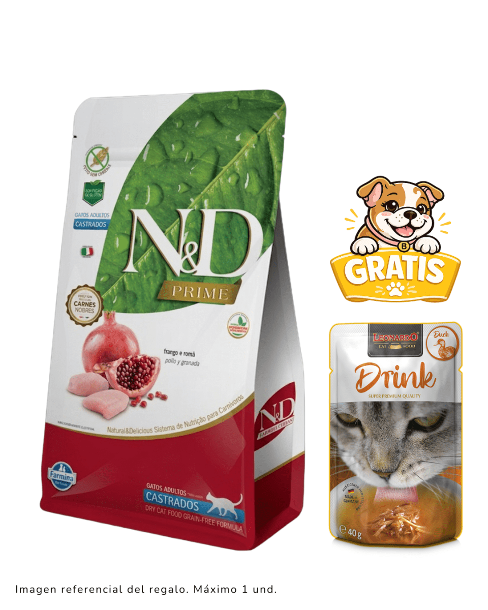 N&D Prime Gato Adulto Castrado (Pollo y Granada) 7.5kg + Drink1