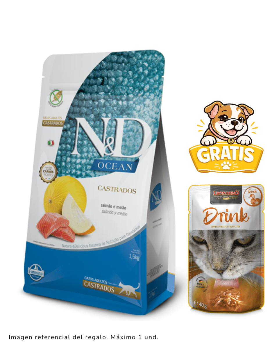 N&D OCEAN FELINE SALMÓN ADULTO CASTRADO 7.5kg + Drink1