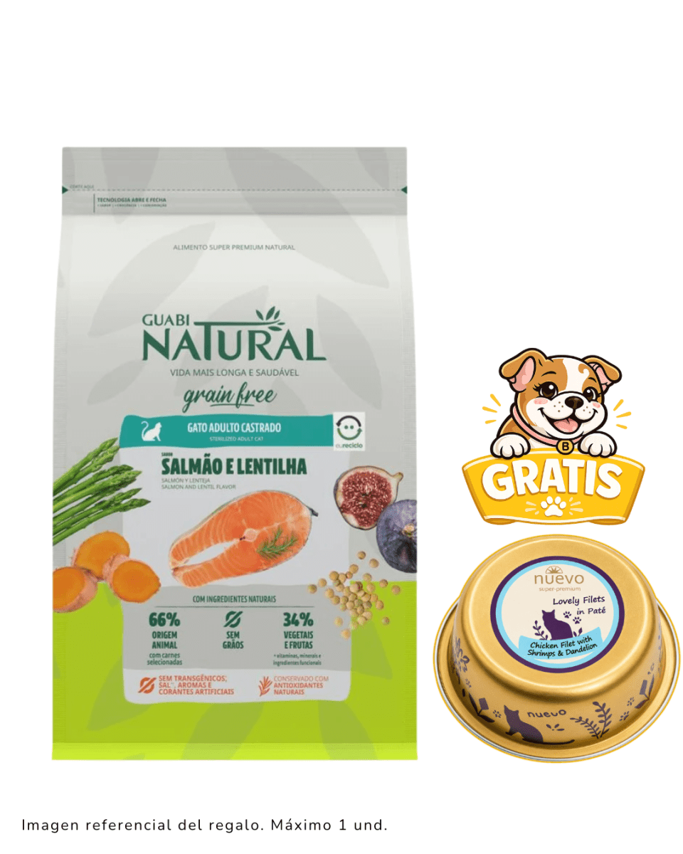 Guabi Natural GF gato adulto castrado Salmón y lenteja 1.5 Kg + paté1