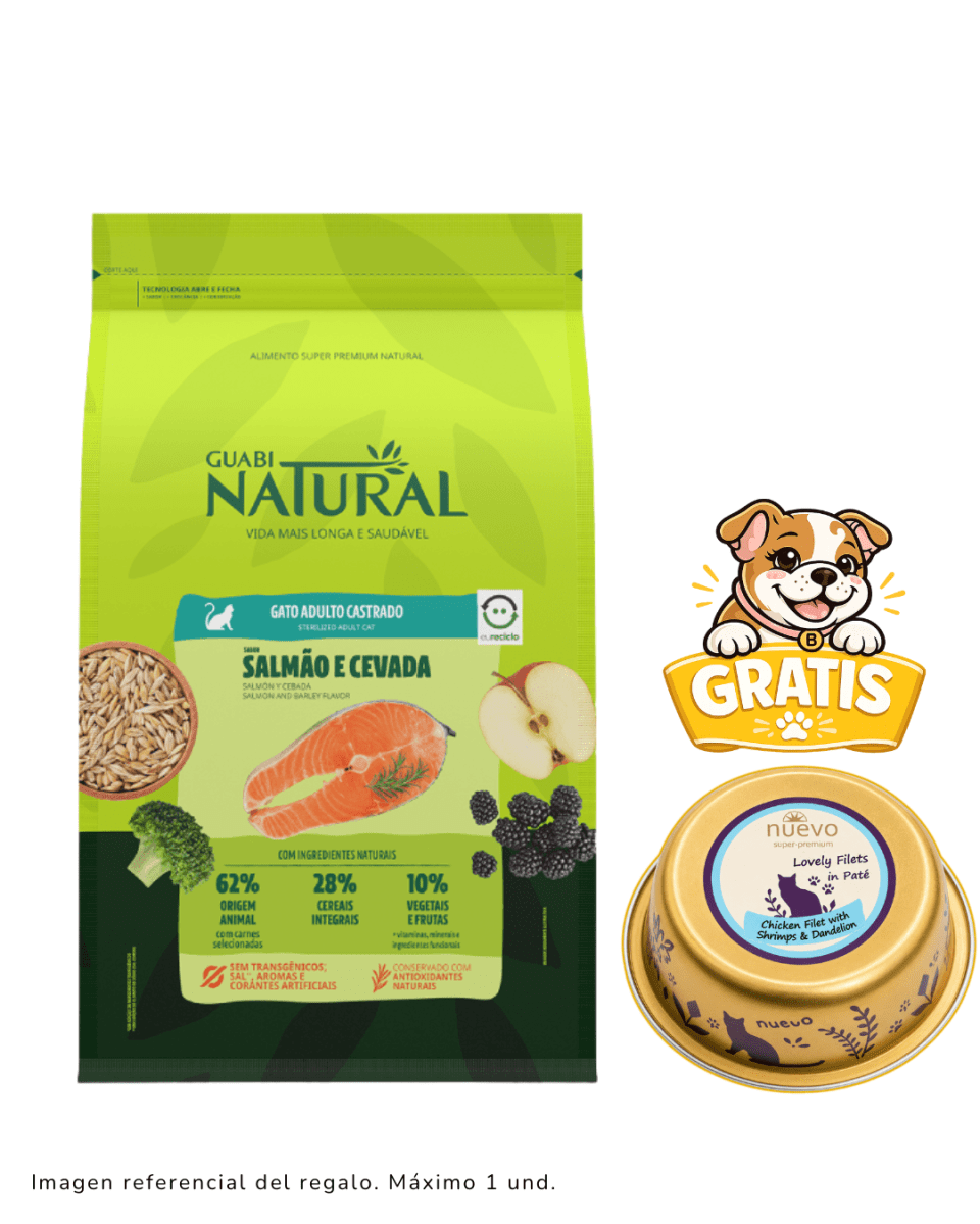 Guabi Natural Gato Adulto Castrado Salmón y Cebada 1.5kg + paté1