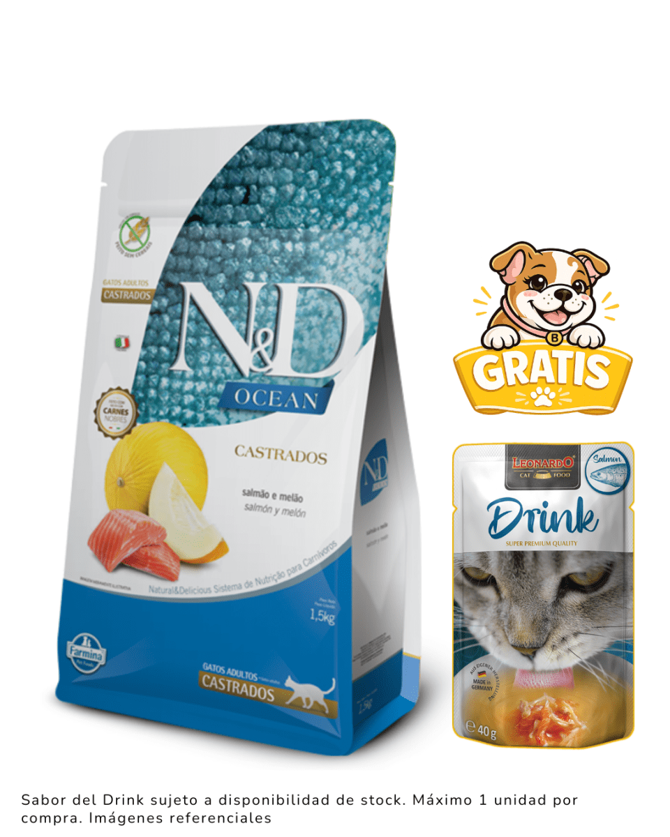 N&D OCEAN FELINE SALMÓN ADULTO CASTRADO 7.5kg + 1 Leonardo Drink1