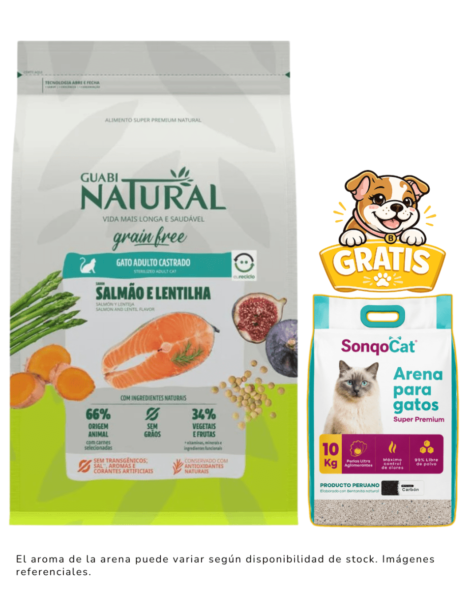 Guabi Natural GF gato adulto castrado salmón y lenteja 7.5 Kg + arena1